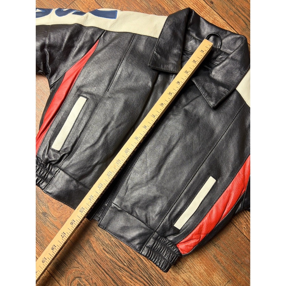 Vintage Wilda Boys  Leather Bomber Jacket USA Flag Black Small Fits 4/5 Boys - Picture 3 of 6